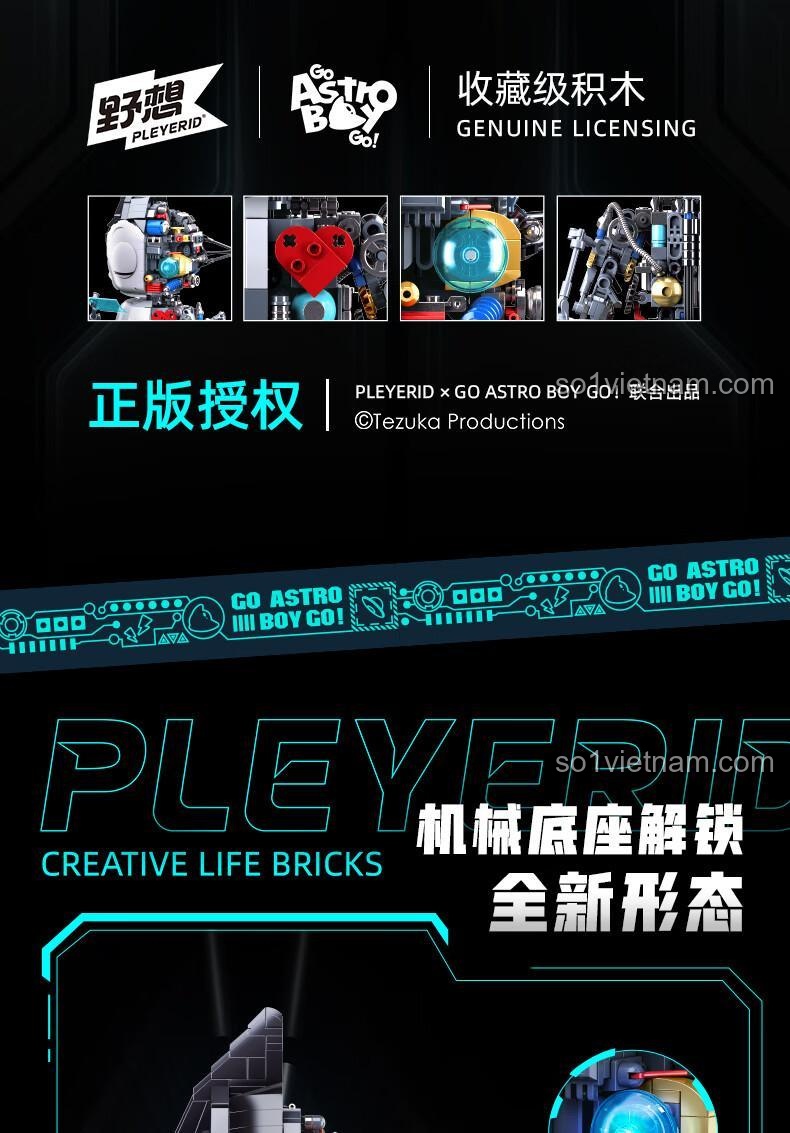 Thông tin bản quyền chính hãng của bộ lắp ghép Pleyerid M38-P8010, hợp tác cùng GO ASTRO BOY GO! và Tezuka Productions.