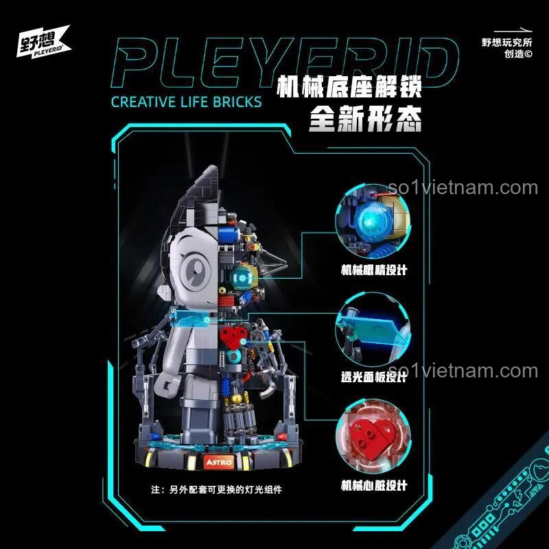 Các tính năng nổi bật của bộ lắp ghép Cậu bé nguyên tử M38P8010: mắt, mặt nạ và tim có đèn LED.