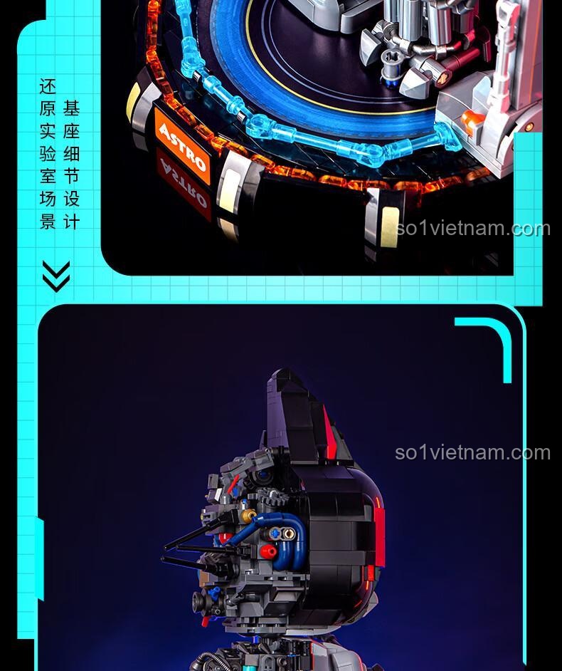 Đế trưng bày của bộ lắp ghép Astro Boy được thiết kế chi tiết, tái hiện bối cảnh phòng thí nghiệm.