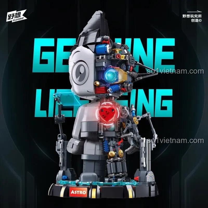 Góc nhìn cận cảnh bộ đồ chơi Astro Boy M38-P8010, thể hiện rõ trái tim nguyên tử và các chi tiết máy móc tinh xảo.