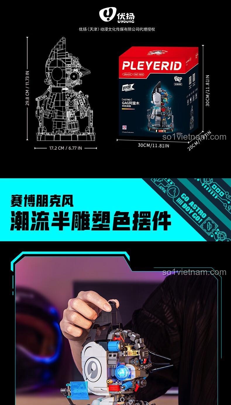 Sơ đồ kích thước chi tiết của mô hình Astro Boy M38-P8010 và hộp sản phẩm.