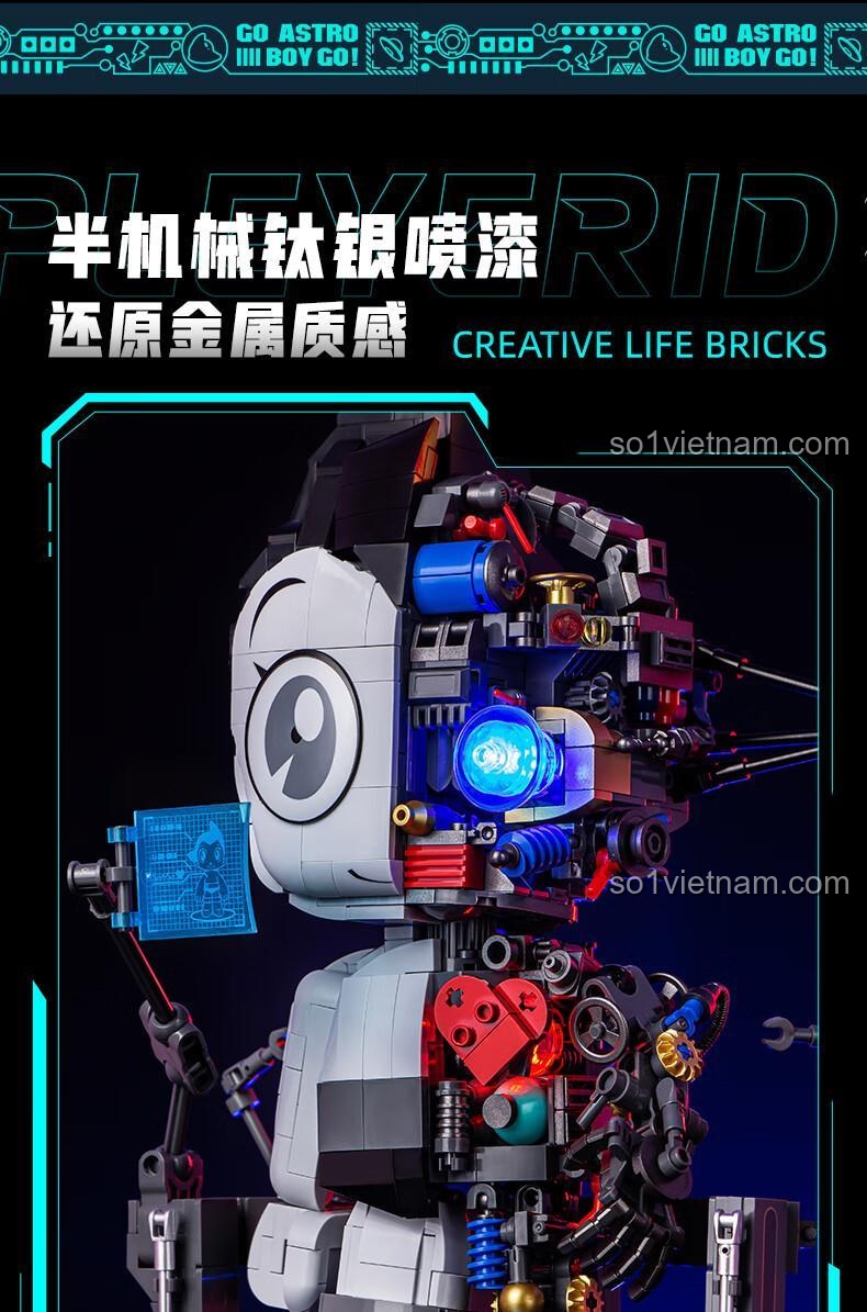 Cận cảnh lớp sơn titan bạc giả kim loại trên bộ lắp ráp Astro Boy, mang lại vẻ ngoài cao cấp và chân thực.