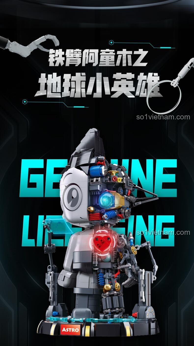 Poster quảng cáo cho figure lắp ráp Astro Boy M38-P8010, nhấn mạnh vào bản quyền chính hãng và thiết kế độc đáo.