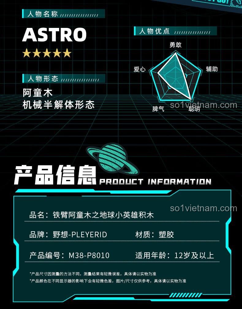 Bảng thông tin sản phẩm chi tiết của bộ đồ chơi Pleyerid M38-P8010 Astro Boy.