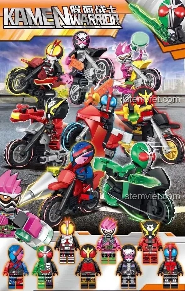 Poster quảng cáo bộ lắp ráp Kamen Warrior Siêu Anh Hùng Rider 818 82232 với 8 mẫu minifigure và mô tô cực ngầu.