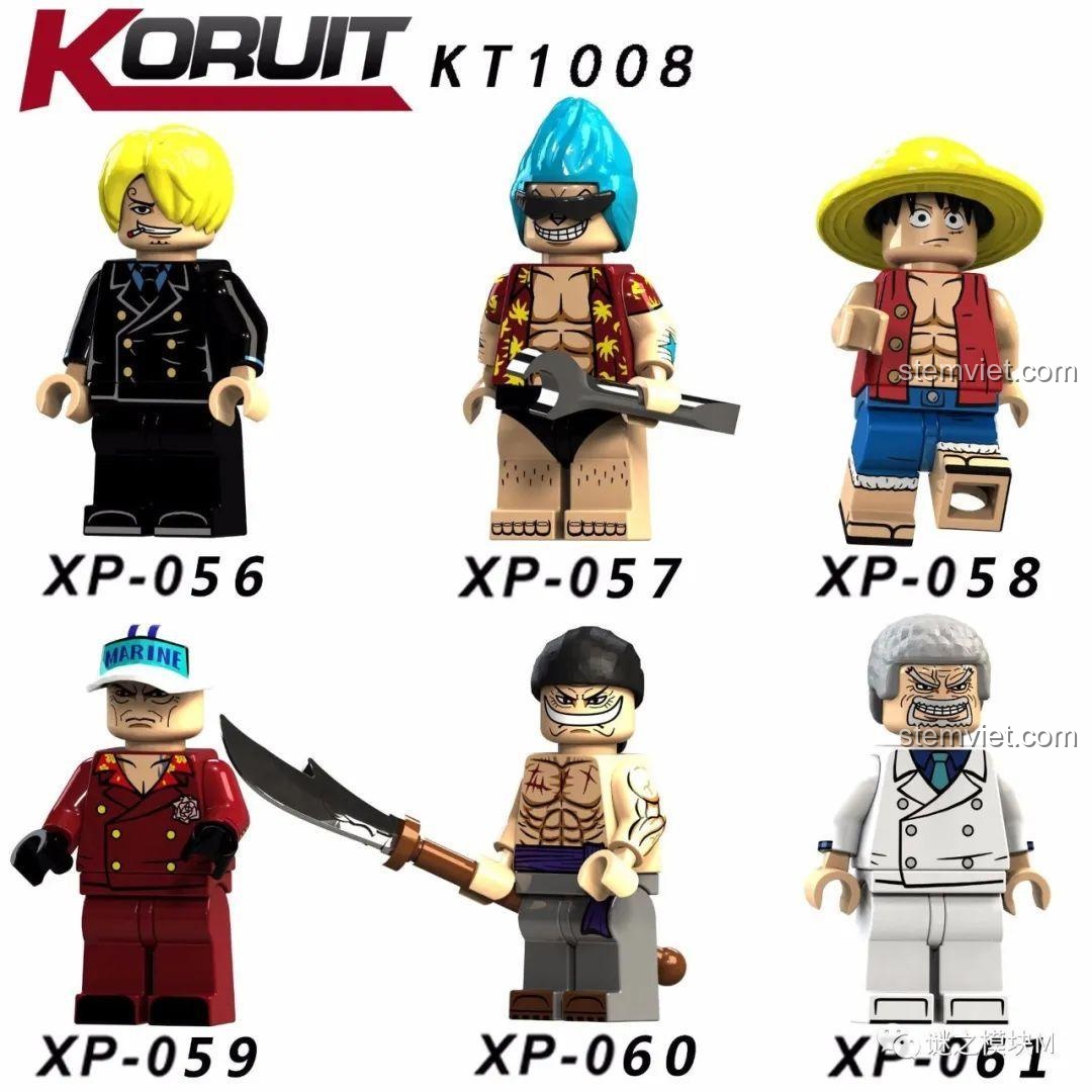 Poster quảng cáo bộ sưu tập minifigure One Piece 6 Nhân Vật KORUIT KT1008 với các nhân vật nổi tiếng.