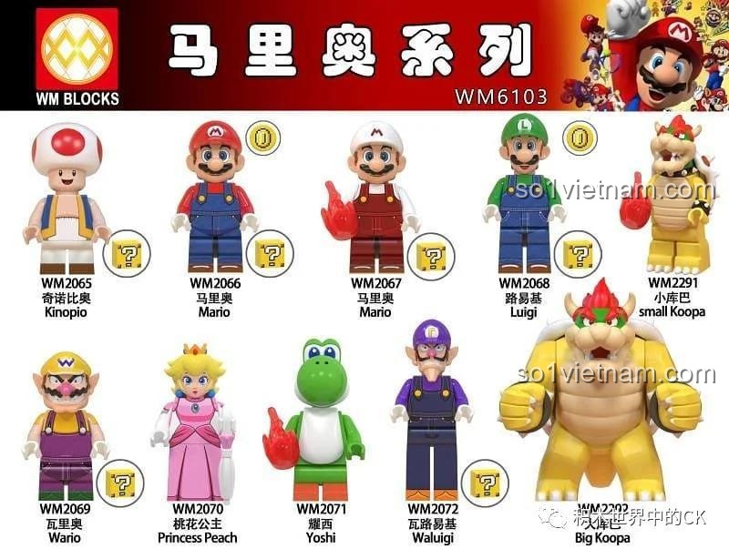 Poster chính thức của bộ sưu tập minifigure Super Mario 10 nhân vật WM 6103, một bộ đồ chơi WM 6103 tiết kiệm cho các bé.