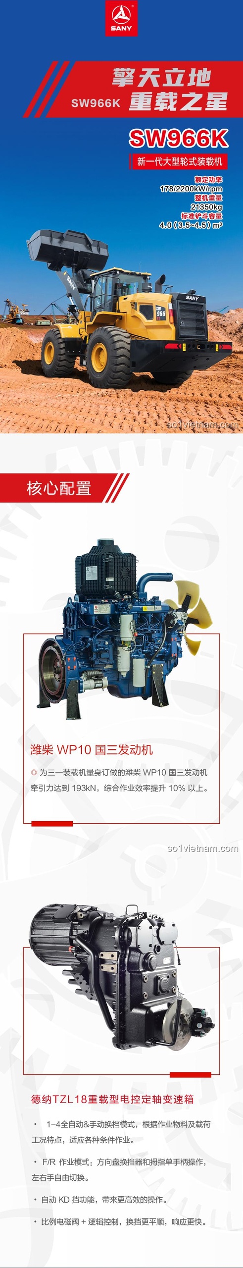 Poster đi kèm bộ lắp ráp Sembo 712016, giới thiệu về mẫu xe xúc lật SANY SW966K ngoài đời thực với các thông số kỹ thuật.