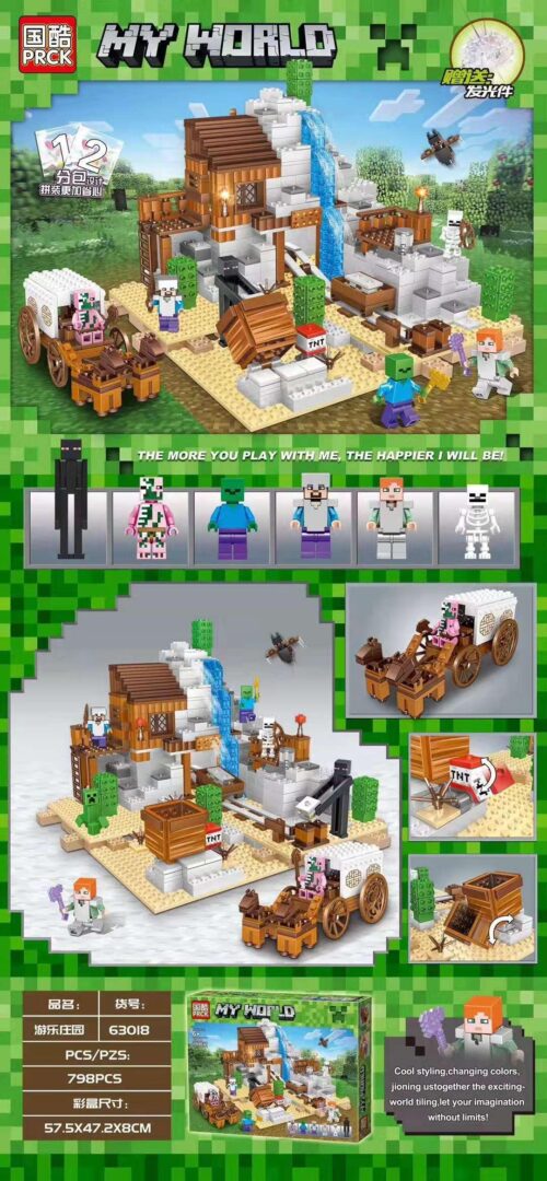 bộ lắp ráp Trang viên Minecraft PRCK 63018 cho bé trai 6 tuổi, giá rẻ. Mô hình bao gồm ngôi nhà, thác nước, đường ray và 6 minifigures.