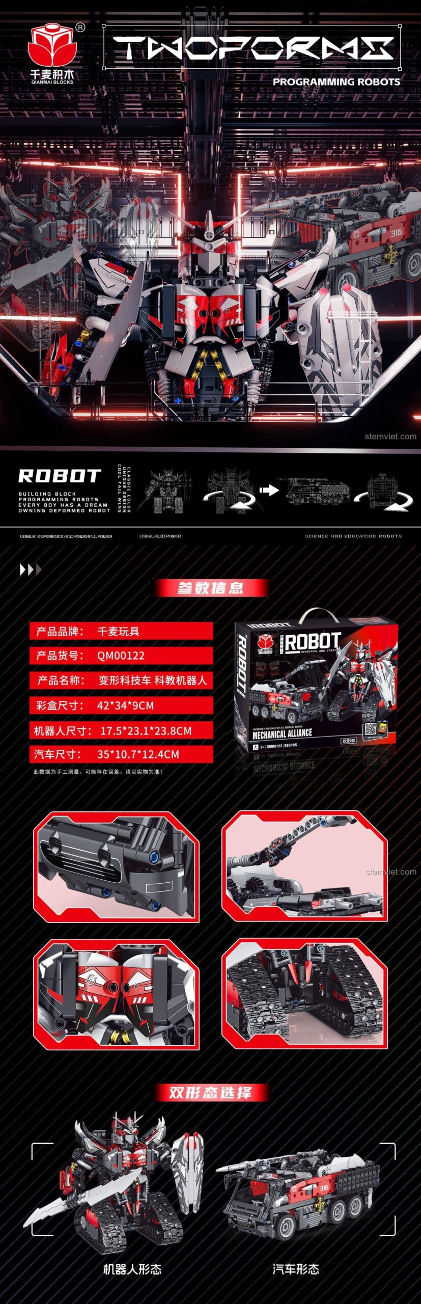 Robot Biến Hình Qianmai QM00122 với hai dạng lắp ráp: robot chiến đấu và xe tải cơ khí, đồ chơi mô hình 966 mảnh, kích thích tư duy sáng tạo cho bé trai 8 tuổi.