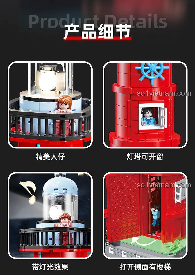 Các chi tiết tinh xảo của bộ lắp ghép 8811: minifigure, cửa sổ mở được, hiệu ứng đèn và mặt bên có thể mở ra.