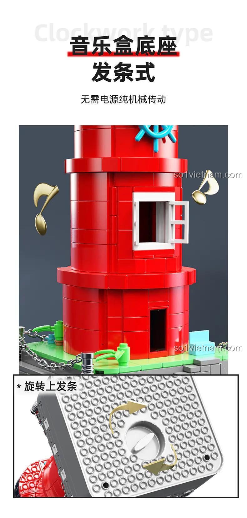 Cận cảnh cơ chế lên dây cót của đồ chơi xây dựng Qiao Le Tong 8811, hoạt động cơ học không cần pin cho phần nhạc.