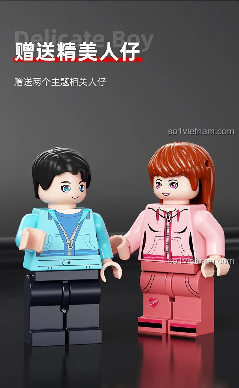 Hai nhân vật minifigure đi kèm bộ Qiao Le Tong 8811 Tòa tháp hải đăng, một bé trai và một bé gái với trang phục đáng yêu.