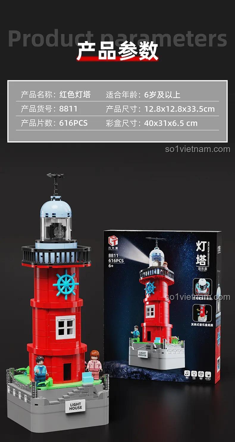 Bảng thông số kỹ thuật của Mô hình ngọn hải đăng Qiao Le Tong, bao gồm mã sản phẩm 8811, số mảnh 616, kích thước và độ tuổi phù hợp.