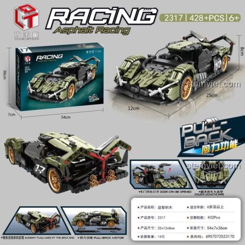 Kích thước và tính năng của đồ chơi mô hình Qiaole Tong 2317 Xe ý tưởng Lamborghini V12 Vision GT, có động cơ kéo lùi.