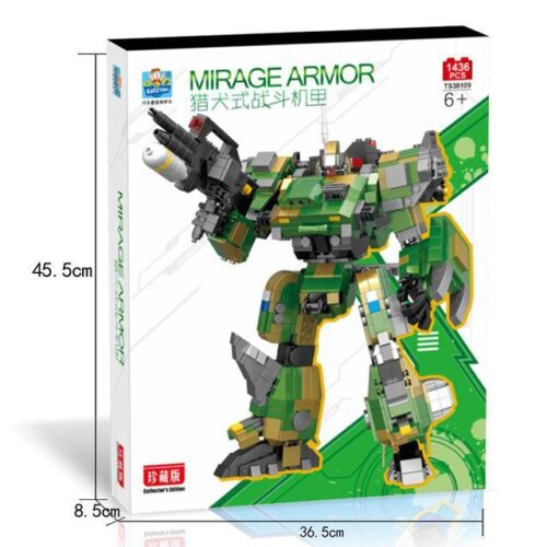 Hộp đồ chơi lắp ghép Mirage Armor của hãng 巧乐童, có hình ảnh robot chiến đấu màu xanh lá và vàng, số chi tiết 1436, độ tuổi 6+