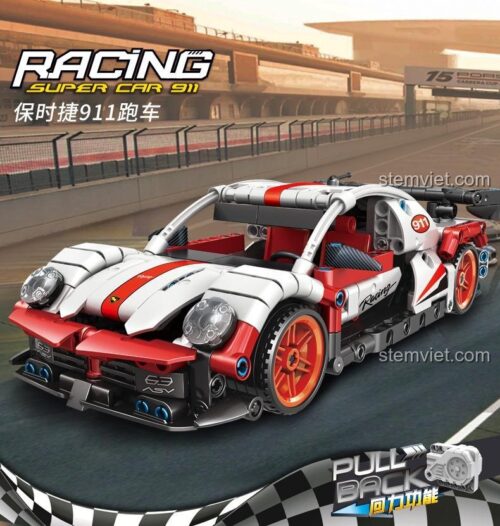 Hộp đồ chơi lắp ráp Qiaoleton 2311 Xe Đua Porsche 911 Kéo Lùi, thể hiện tính năng động cơ kéo lùi, phù hợp bé trai 6 tuổi.