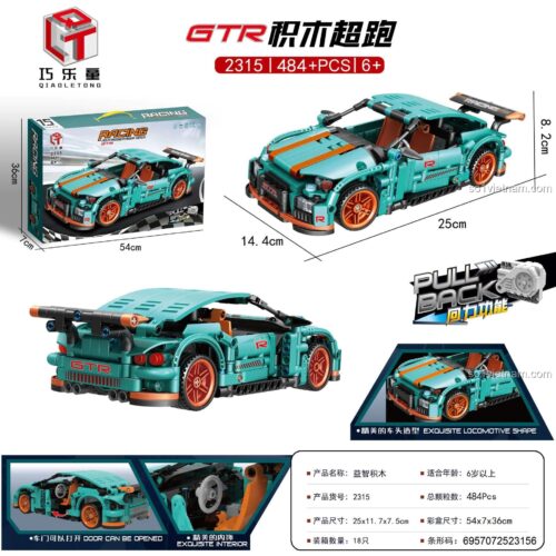 Hộp bộ đồ chơi Mô hình xe thể thao GT-R Qiaoleton 2315, thể hiện kích thước mô hình và tính năng kéo lùi, dành cho bé trai 6 tuổi, chất lượng cao