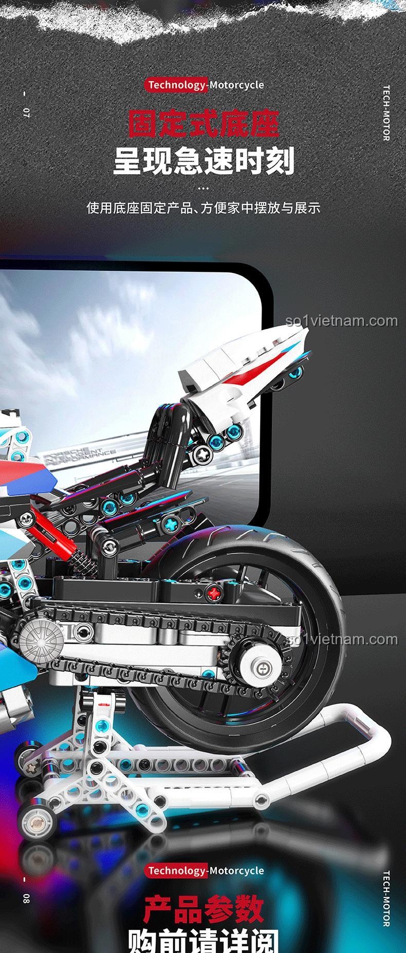 Xe mô tô phân khối lớn 601, mô hình trưng bày trên đế, đồ chơi mô hình cho con trai 6 tuổi, giá tốt.