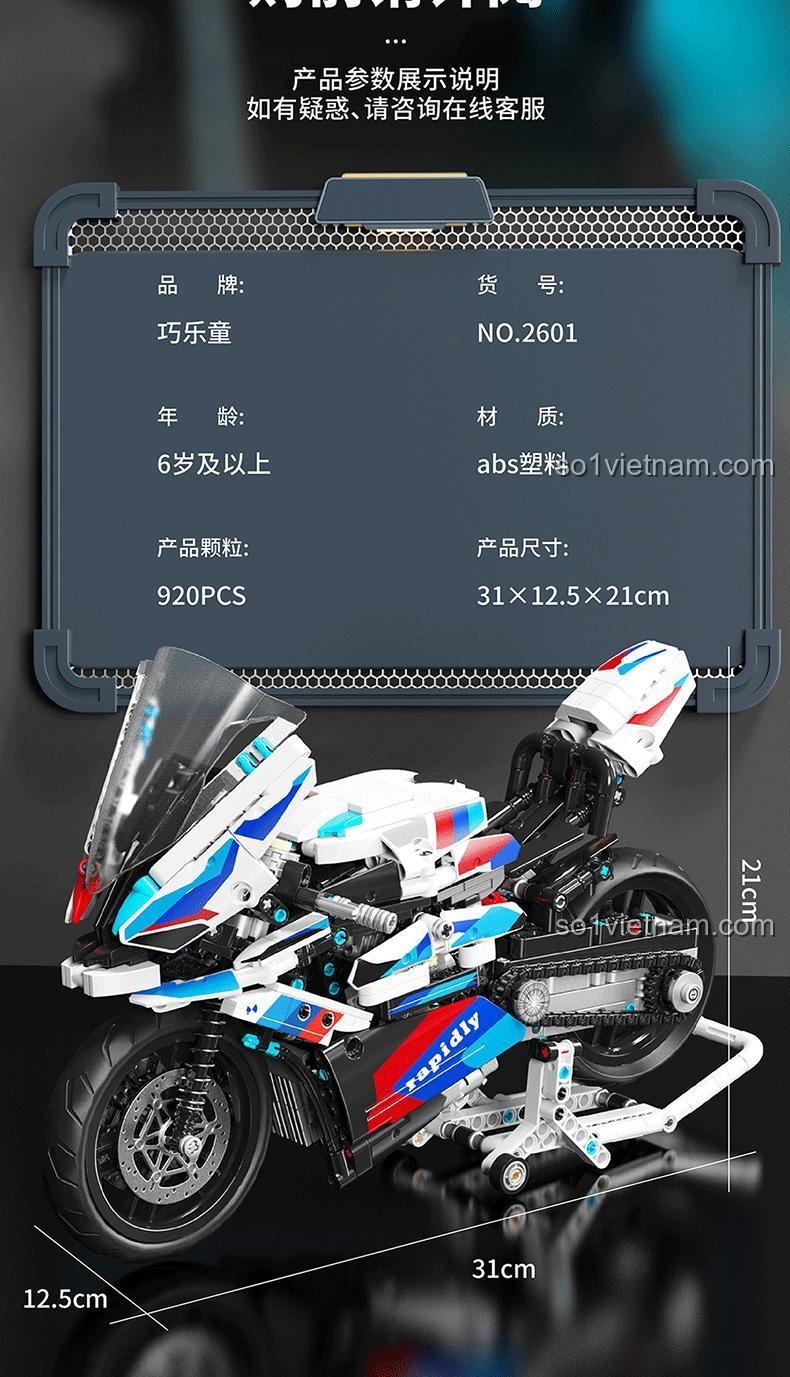 đồ chơi xây dựng Mô tô BMW S 1000 RR Qiaoleton 2601, thông số chi tiết sản phẩm, bộ lắp ráp cho bé trai 6 tuổi, giá rẻ.