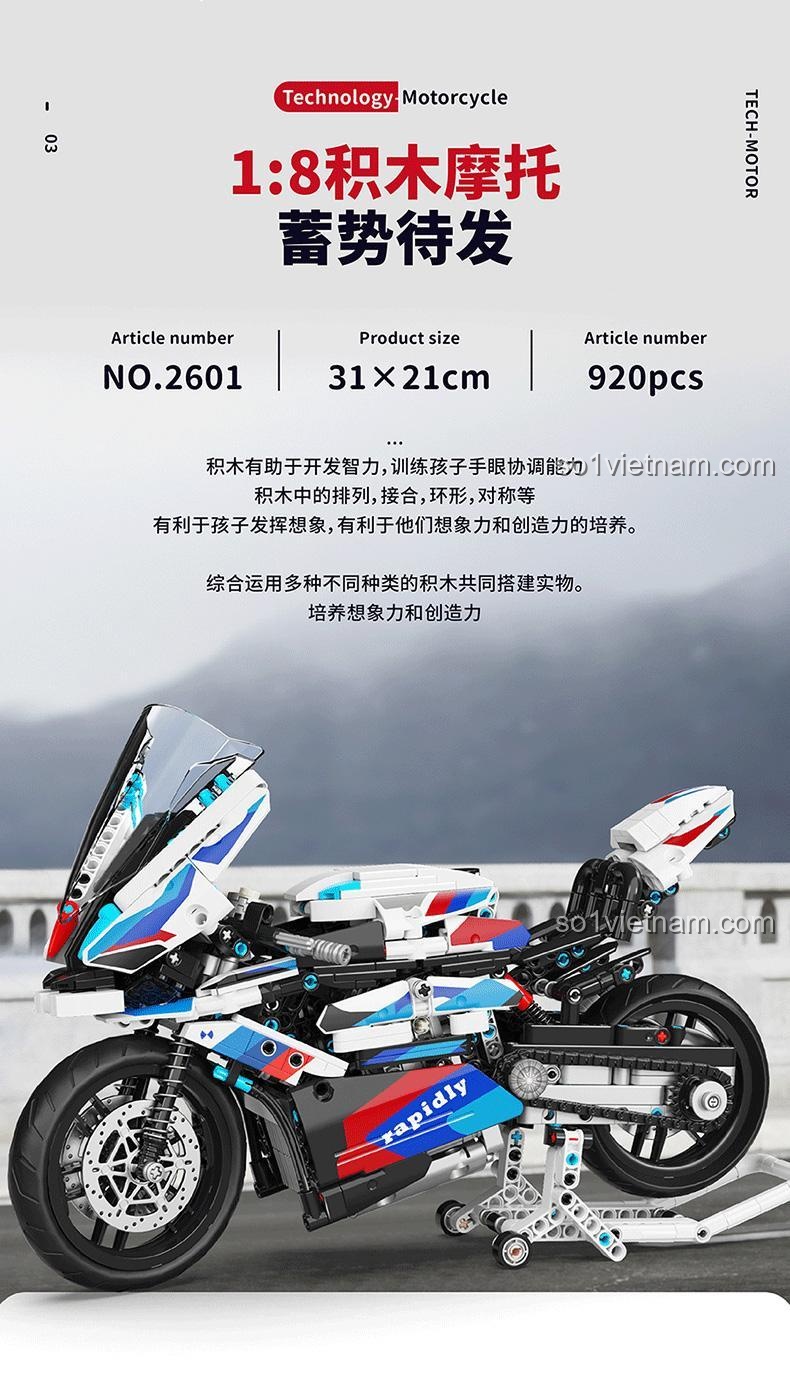đồ chơi xây dựng Qiaoleton2601, mô tô tỉ lệ 1:8 với kích thước chi tiết, đồ chơi mô hình cho bé trai 6 tuổi, giá hời.