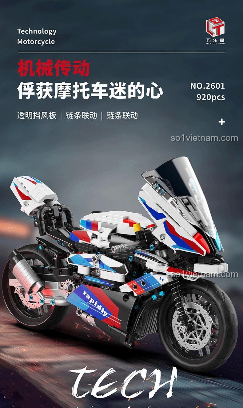 Xe mô tô phân khối lớn Qiaoleton 2601, thể hiện truyền động cơ khí, đồ chơi lắp ráp cho con trai 6 tuổi, giá bình dân.