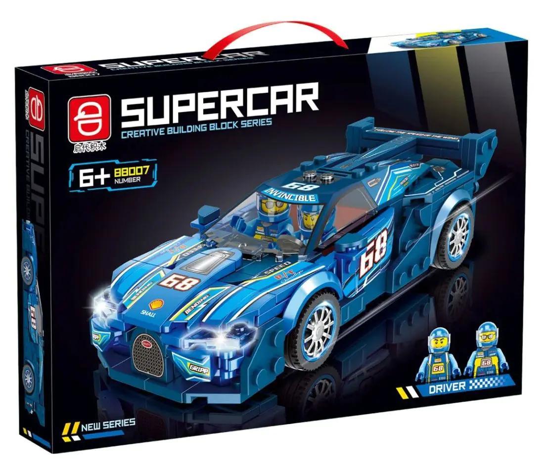 Bộ lắp ghép xe thể thao màu xanh 88007 Bugatti Chiron, 48 chi tiết, có đèn LED, 2 tài xế, cho bé 6 tuổi