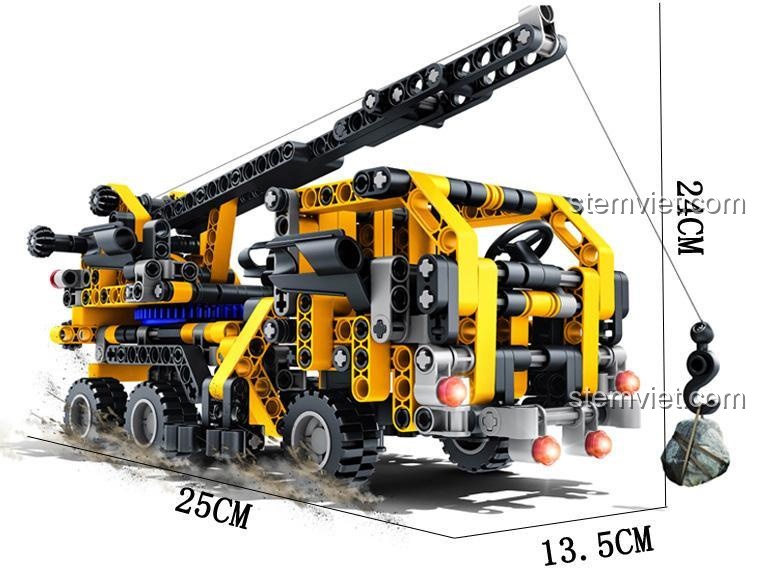 Kích thước mô hình Xe Cẩu Công Trình QIHUI 23002, đồ chơi lắp ráp cho bé trai 6 tuổi, thể hiện chiều dài, rộng, cao của mô hình.