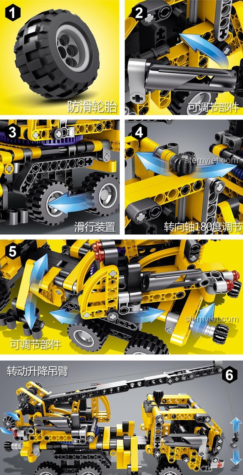 Các tính năng nổi bật của bộ lắp ghép QIHUI 23002 Xe Cẩu Công Trình: bánh xe chống trượt, bộ phận điều chỉnh, thiết bị trượt, trục lái điều chỉnh 180 độ, cần cẩu xoay nâng hạ.