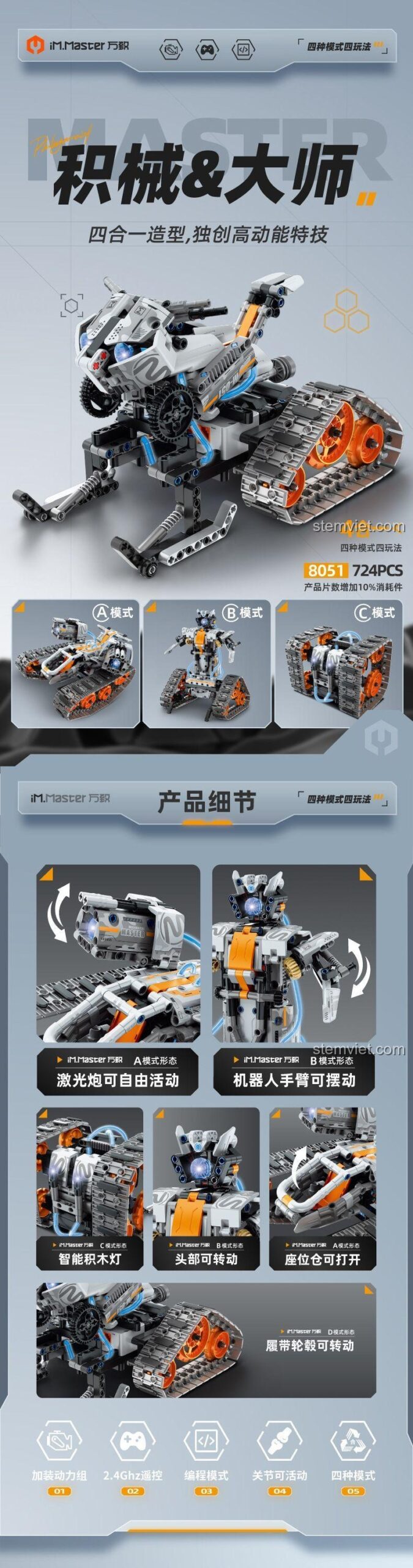 Chi tiết các tính năng của Robot Bánh Xích Điều Khiển Từ Xa QIHUI, với đèn LED, tay robot và các chế độ chơi.