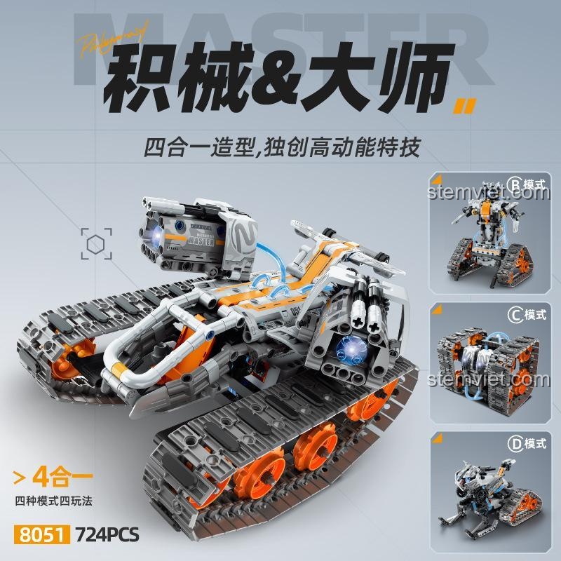Ảnh poster giới thiệu 4 mẫu lắp ráp của bộ đồ chơi 8051, bao gồm robot, xe tăng và xe trượt tuyết.