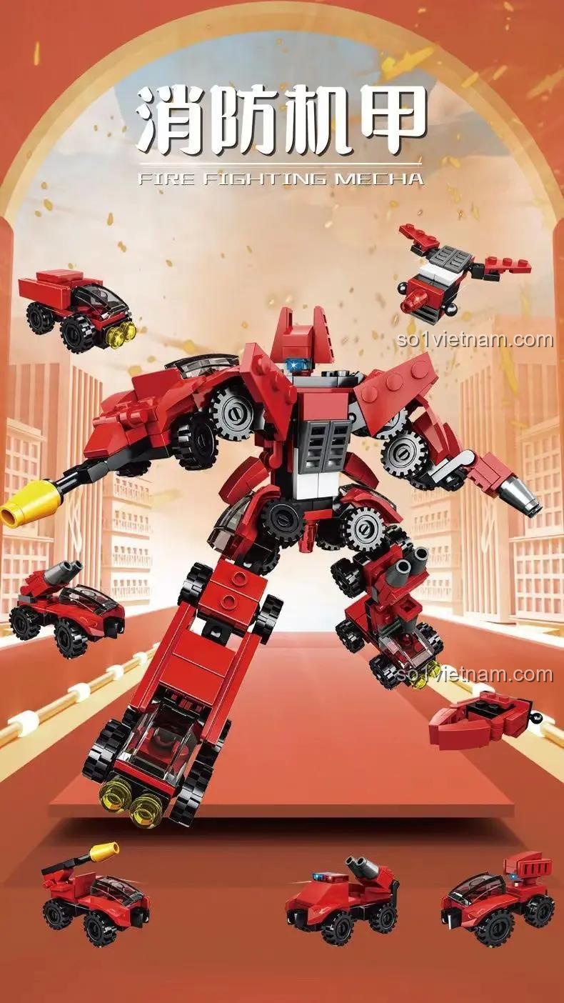 Đồ chơi lắp ráp Robot Cứu Hỏa Biến Hình Qitongle 0868-204, mô hình robot chính và 7 mẫu xe cứu hỏa nhỏ, kích thích sáng tạo cho bé trai 6 tuổi