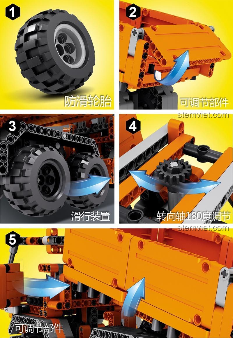 Tính năng đặc biệt của bộ khối lắp ghép Qizhile 23001 Xe Ben Công Trường, bánh xe chống trượt, trục lái xoay