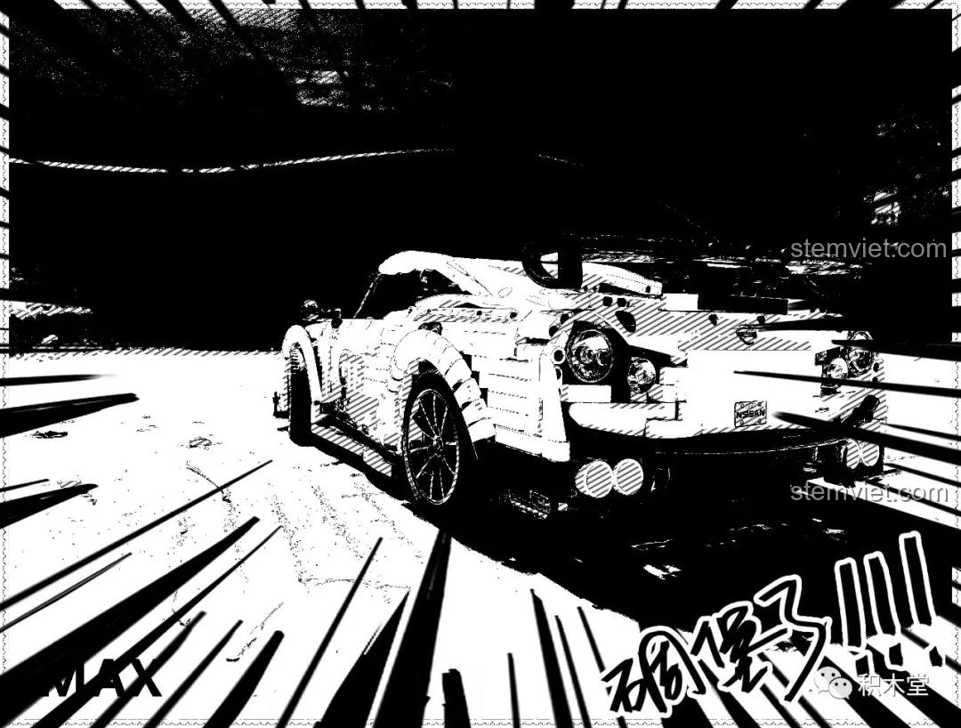 Mô hình lắp ráp Qizhile 23010 Nissan GT-R với hiệu ứng ảnh đen trắng và hiệu ứng tốc độ, chụp từ phía sau.