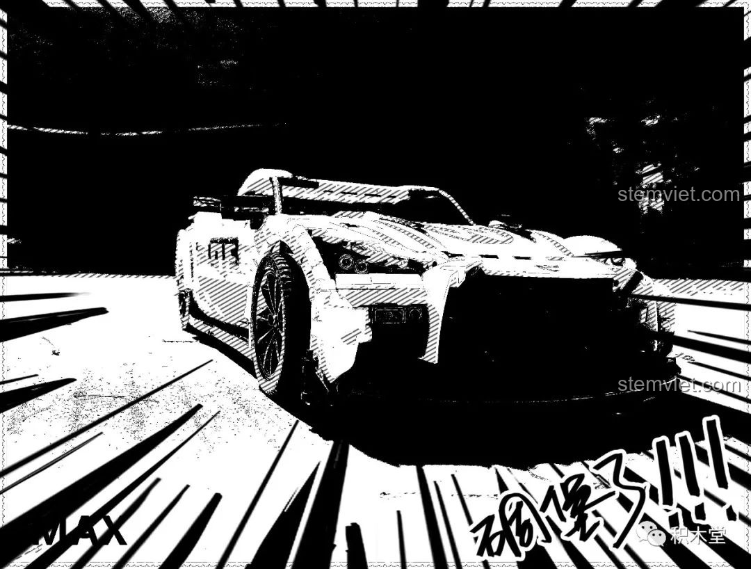 Mô hình lắp ráp Qizhile 23010 Nissan GT-R với hiệu ứng ảnh đen trắng và hiệu ứng tốc độ, chụp từ phía trước.