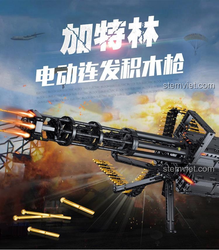 Mô hình súng Gatling điện tự động Qizhile 86001 trong tư thế sẵn sàng chiến đấu, thể hiện sức mạnh hỏa lực vô song, đồ chơi lắp ráp chất lượng cao.