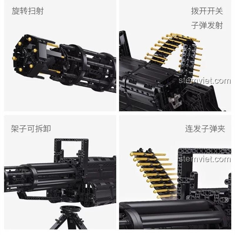 Các chế độ hoạt động của mô hình súng Gatling Qizhile 86001, từ xoay nòng bắn đến tháo rời chân đế, mang lại trải nghiệm chơi đa dạng cho bé trai.
