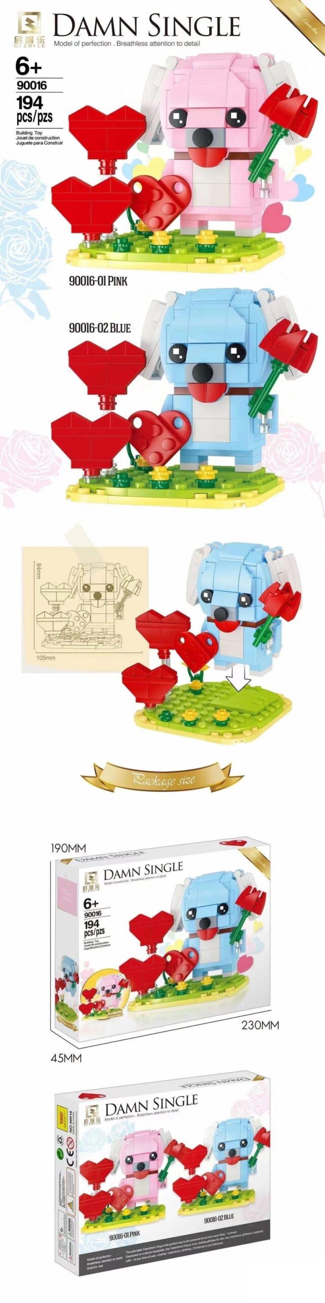 Hộp bộ lắp ghép Cún Độc Thân Qizhile 90016, hiển thị 2 phiên bản màu hồng và xanh dương, món quà ý nghĩa cho bé trai và bé gái 6 tuổi, giá tốt