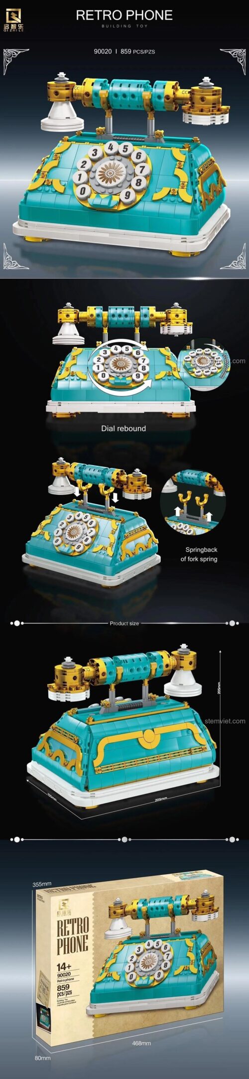 Bộ lắp ghép 启智乐 90020 Điện thoại cổ điển với 859 mảnh ghép, thiết kế cổ điển độc đáo, bàn phím có cơ chế lò xo đàn hồi, phù hợp cho cả bé trai và bé gái từ 14 tuổi trở lên, chất liệu nhựa ABS cao cấp, xuất xứ Trung Quốc, giá tốt.