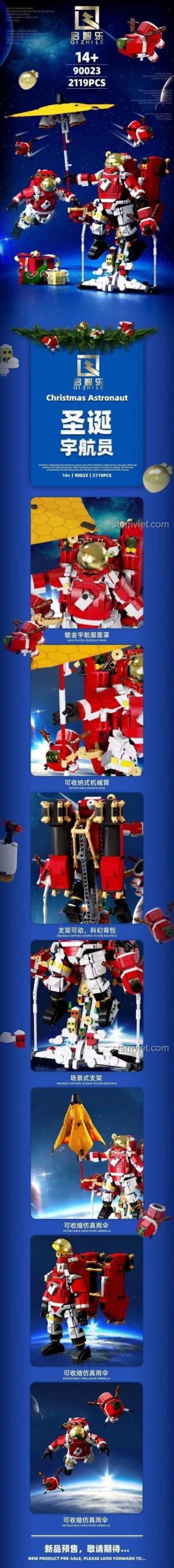 Chi tiết đồ chơi lắp ghép Robot Giáng Sinh Qizhile 90023, mô tả tính năng cử động khớp và cánh thu gọn, phù hợp thanh niên yêu thích lắp ráp.