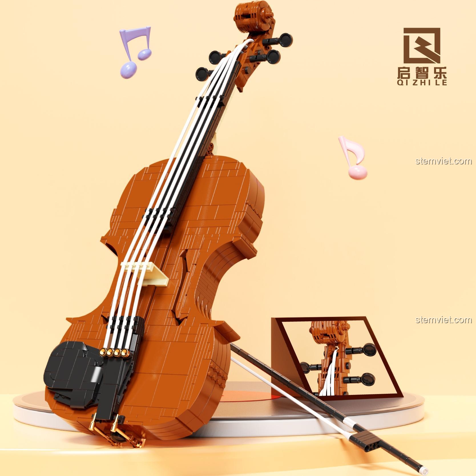 Cận cảnh bộ lắp ghép Đàn Violin QIZHILE, thể hiện các chi tiết dây đàn, ngựa đàn và thân đàn được thiết kế tỉ mỉ.