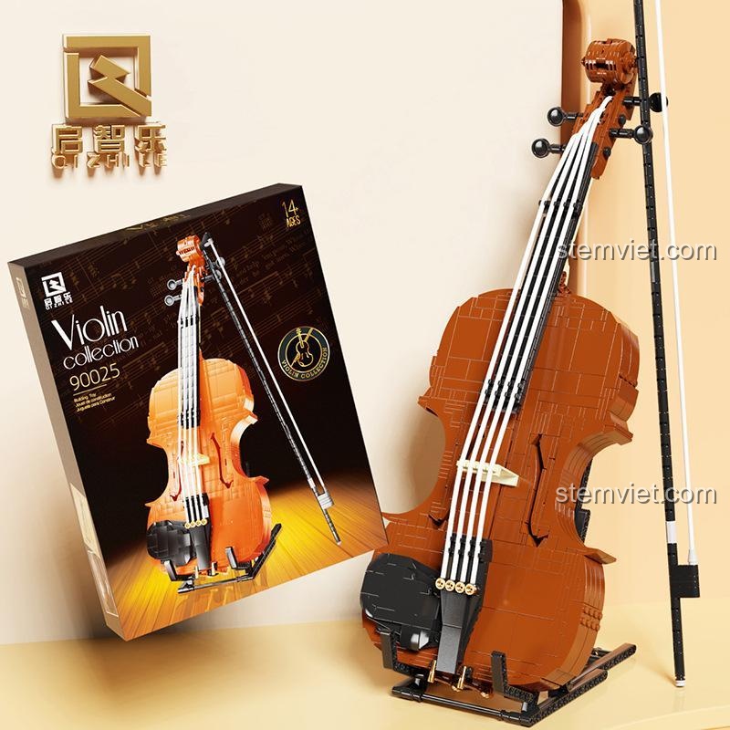 Hình ảnh hộp sản phẩm và mô hình hoàn thiện của bộ lắp ghép Đàn Violin QIZHILE 90025, món quà lý tưởng cho người yêu nhạc.