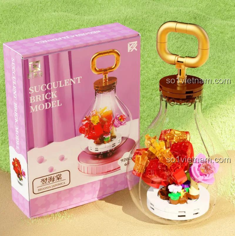 bộ xếp hình 92026, mô hình cây sen đá trong bóng đèn Hải Đường Nhật, có đèn LED lung linh, quà tặng ý nghĩa cho bé gái 6 tuổi