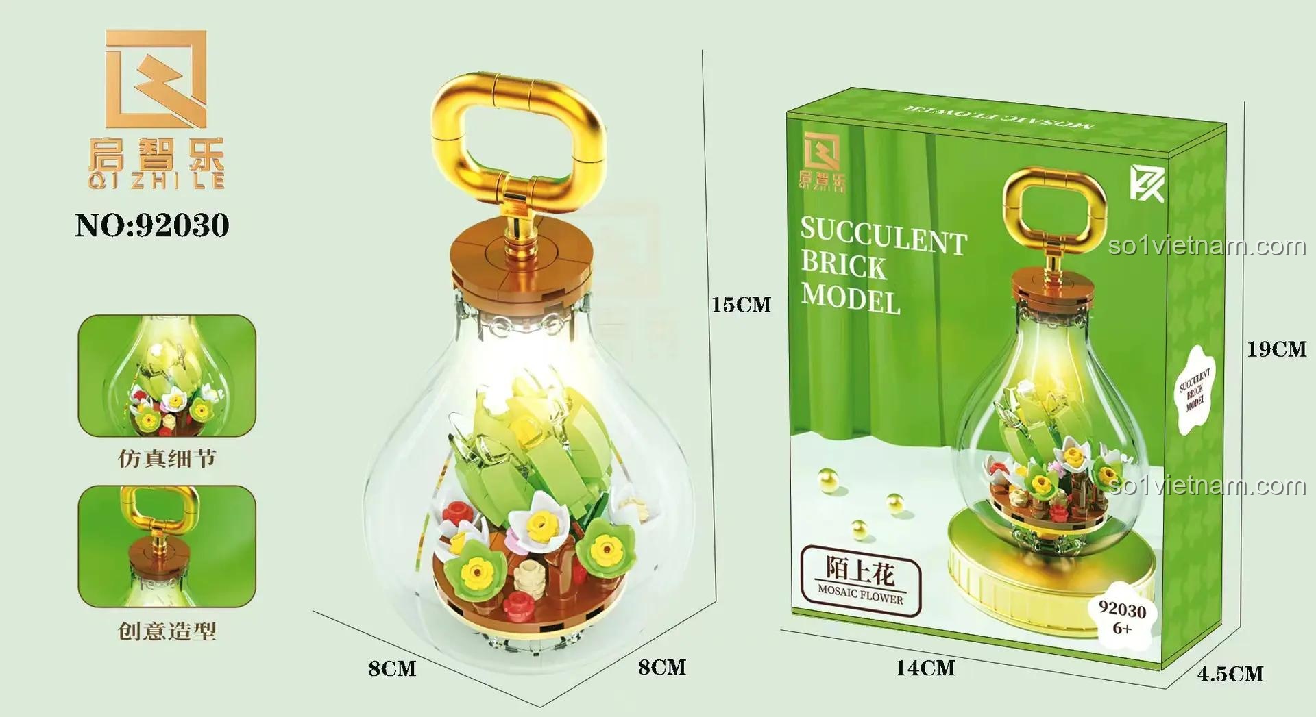 Đồ chơi mô hình Hoa Mạc Thượng Qizhile 92030 có đèn LED, thể hiện kích thước 8x8x15cm, phù hợp bé gái 6 tuổi