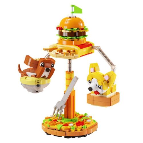 Bộ lắp ghép Happy Carb 93004 với hai chú chó Corgi và chó nâu đang chơi đùa quanh chiếc bánh burger khổng lồ, mô hình cân bằng vui nhộn cho bé 6+ tuổi