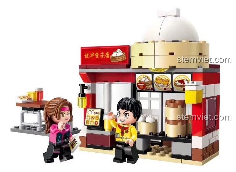 Ảnh render chính thức của bộ lắp ghép Tiệm Bánh Bao QMAN 1132, thể hiện cảnh mua bán nhộn nhịp.