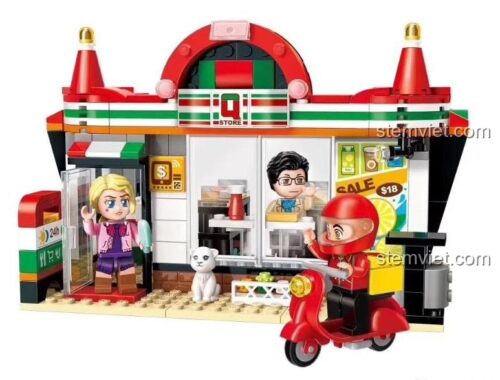 Ảnh review người dùng đang lắp những bước đầu tiên của bộ xếp hình Cửa hàng 24h 1133, dựng phần nền và quầy kệ.