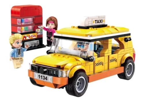 Bộ lắp ráp Xe Taxi Tham Quan Thành Phố QMAN 1134 với 3 minifigures đầu to độc đáo và máy bán hàng tự động, đồ chơi sáng tạo cho bé trai 6 tuổi.