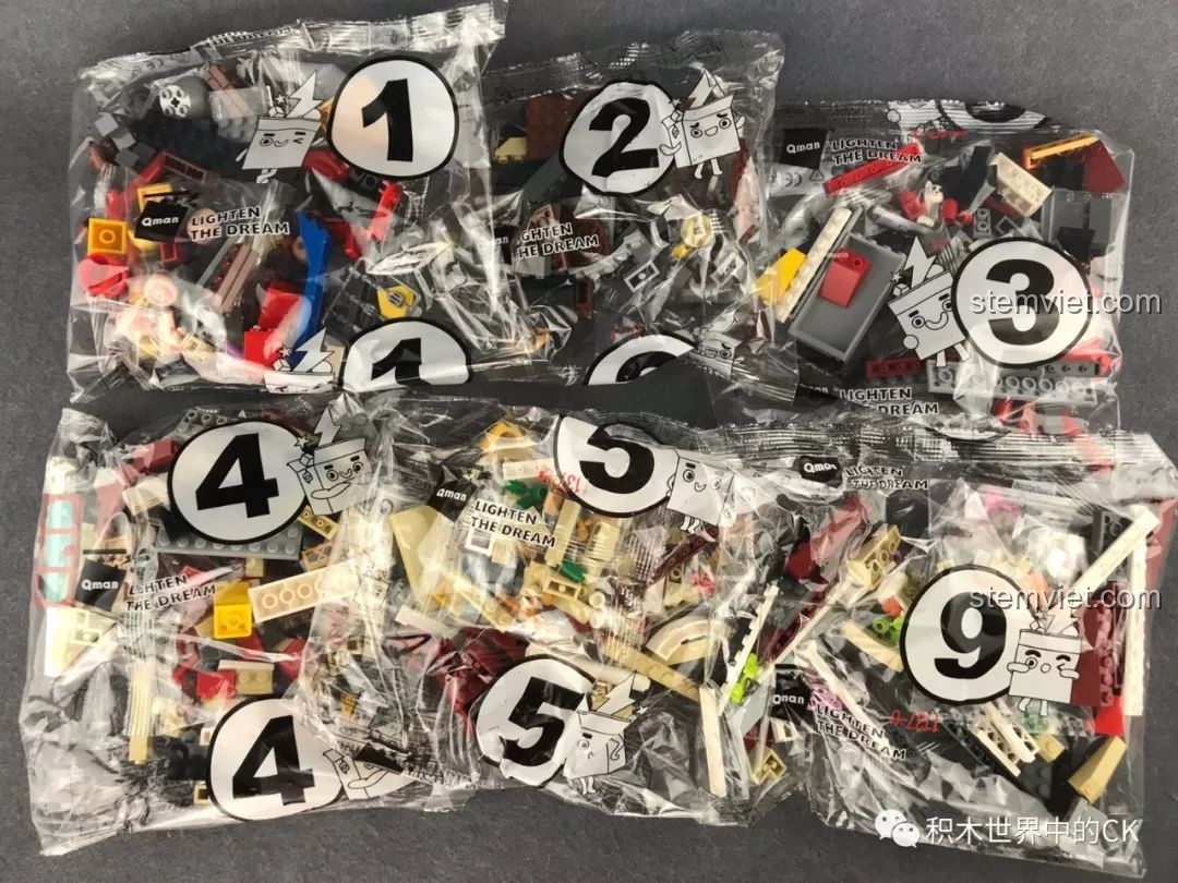 Các túi mảnh ghép bằng nhựa của bộ QMAN 1137 được đánh số thứ tự từ 1 đến 6 để tiện cho việc lắp ráp.