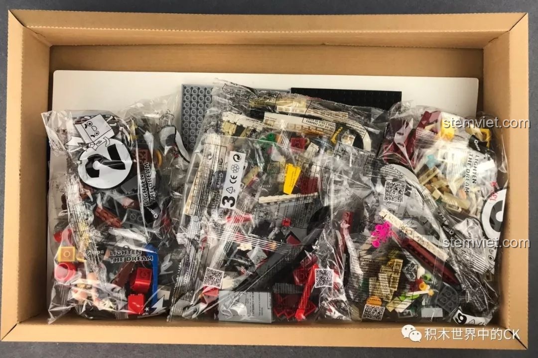 Bên trong hộp đồ chơi xây dựng 1137 là các túi nhựa chứa mảnh ghép được phân loại và sách hướng dẫn lắp ráp.